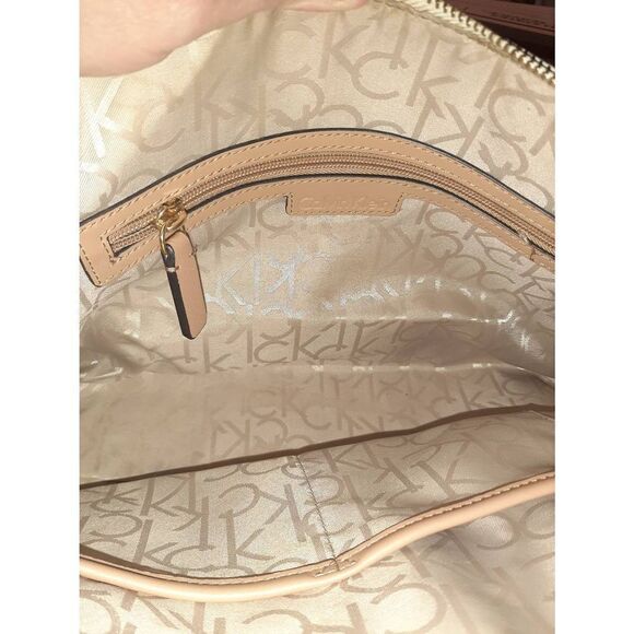 Calvin Klein Logo Tan Ivory Medium Top Handle Satchel Purse Handbag Bag - Picture 8 of 10